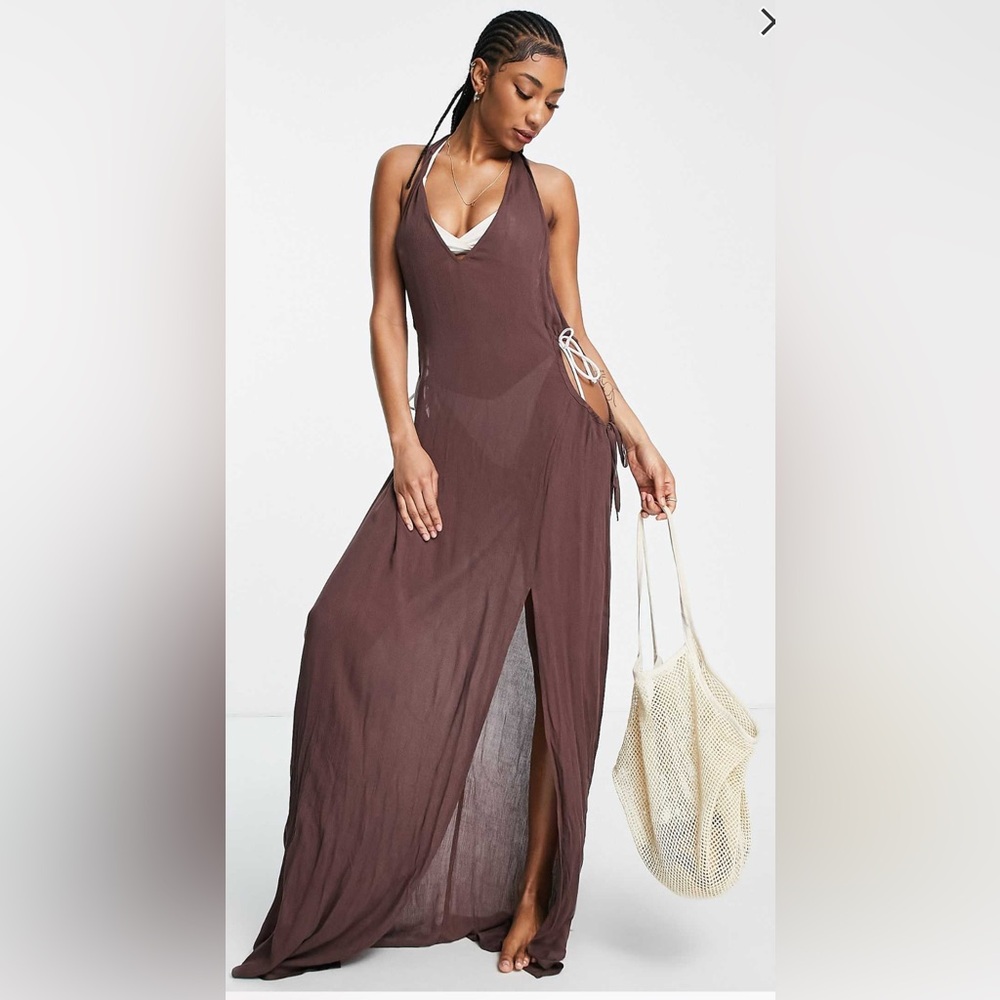 NWT! BEACH COVER UP MAXI DRESS! SEXY SIDE HOLES! HALTER NECK! LEG SLIT! - Picture 3 of 4